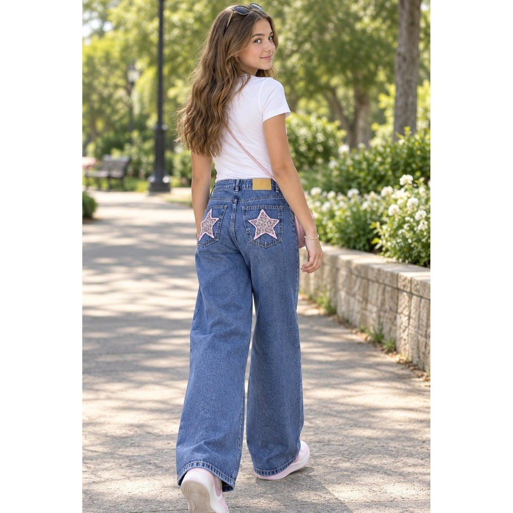 Zara Girls 13-14 Blue High Waist Wide Leg Jeans Pink Leopard Star Pockets Y2K
